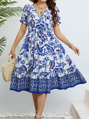 Summer V neck Half Cardigan Waist Slimming Dress