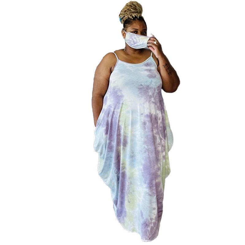 Plus Size Sundress Women Clothes Popular Tie-Dye Printed Loose Strap Ladies Irregular Asymmetric Dress - Image 2