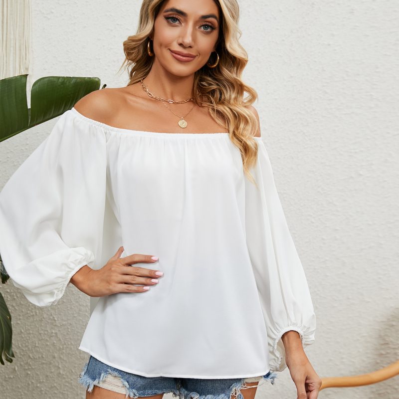 Women Solid Color Off Neck Chiffon Top - Image 3
