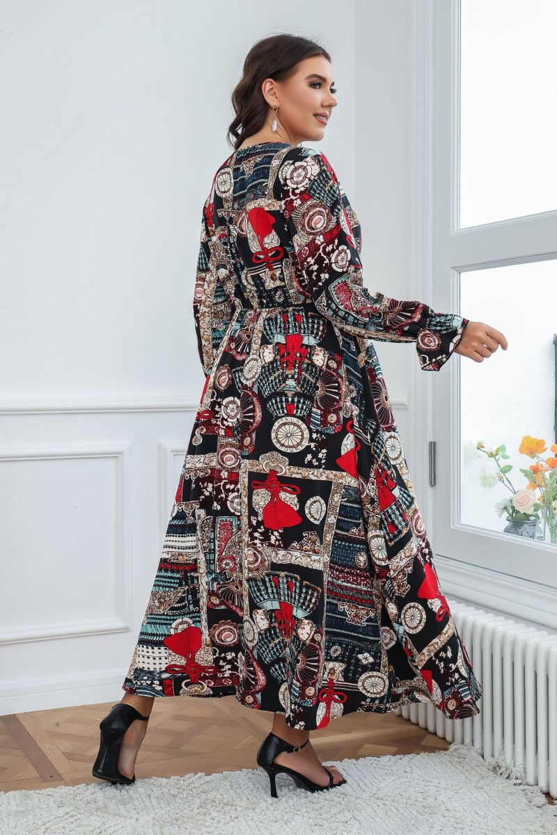 Plus Size Women Clothing Fashion Printed Long Sleeve Loose Dress - Image 5