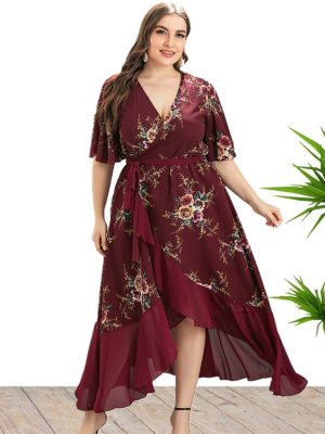 Plus Size Women Clothes Summer V-neck Ruffled Irregular Asymmetric Pattern Print Dress Maxi Dress