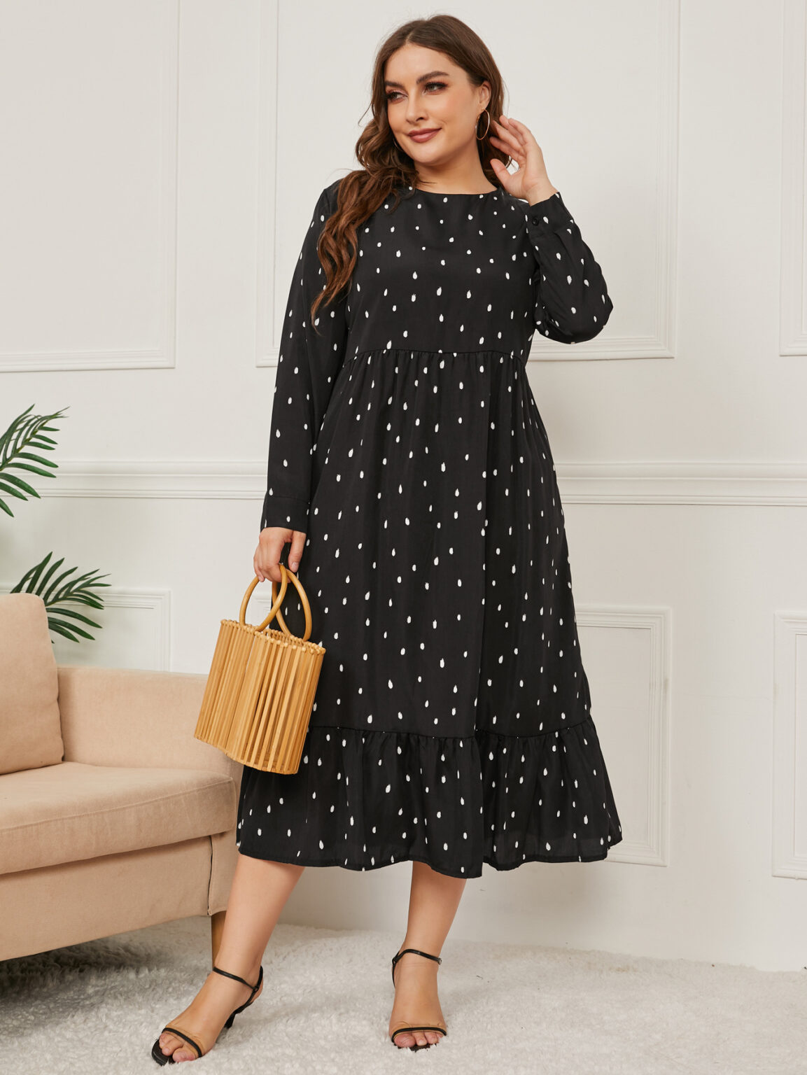 Plus Size Autumn Winter Printing Long-Sleeve round-Collar Dress - Image 3