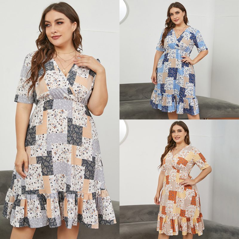 Plus Size Plus Size New  Women Clothing V neck Slimming Short Sleeve Elastic Dress - Image 4