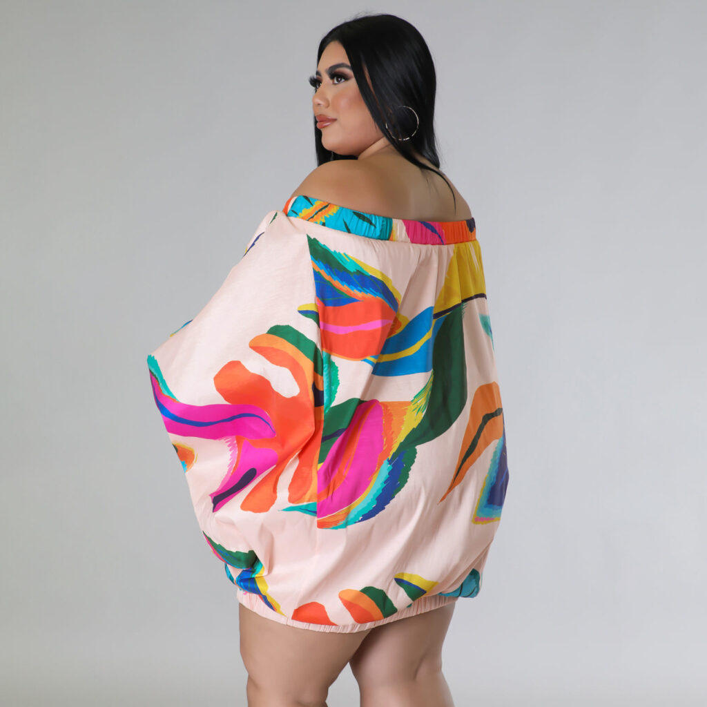 Plus Size Sexy Loose Women Wear Off Shoulder Printed Batwing Sleeve Short Dress - Image 3