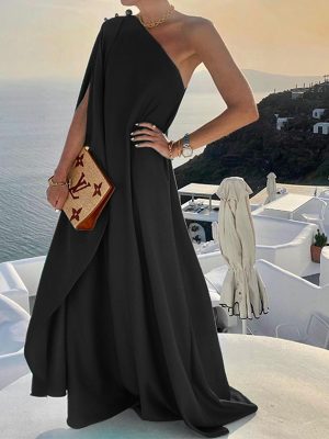 Summer Women Clothing Graceful Fashionable Solid Color French Loose One-Shoulder Maxi Dress