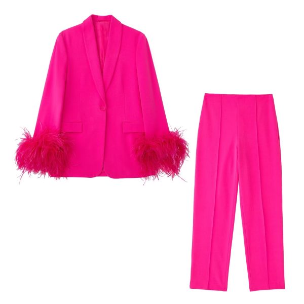 Fall Women Clothing Wild Feather Decoration Straight Blazer Set Set Trousers Set - Image 2