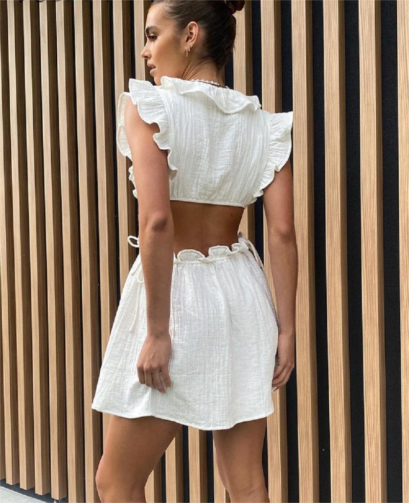 Ruffled Deep V Plunge Plunge neck Lace Sleeve Elastic Lace Waist Sleeveless Dress - Image 2