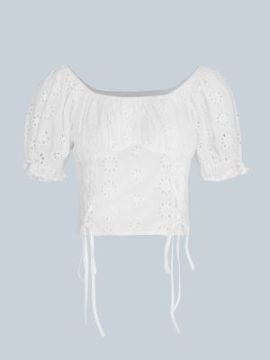 Women  Summer Square Neck Drawstring Lace Shorts Cropped Pleated Bubble Short Sleeve French Top  Blouses