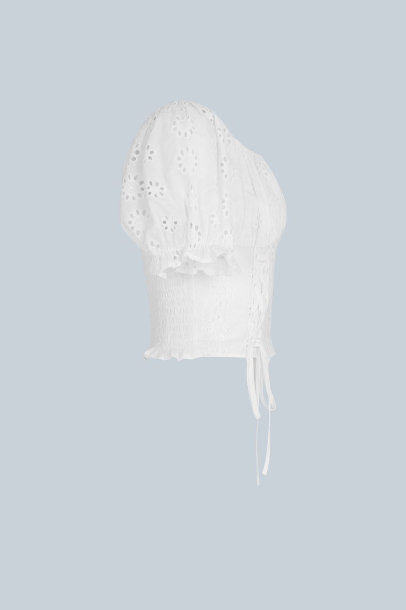 Women  Summer Square Neck Drawstring Lace Shorts Cropped Pleated Bubble Short Sleeve French Top  Blouses - Image 2