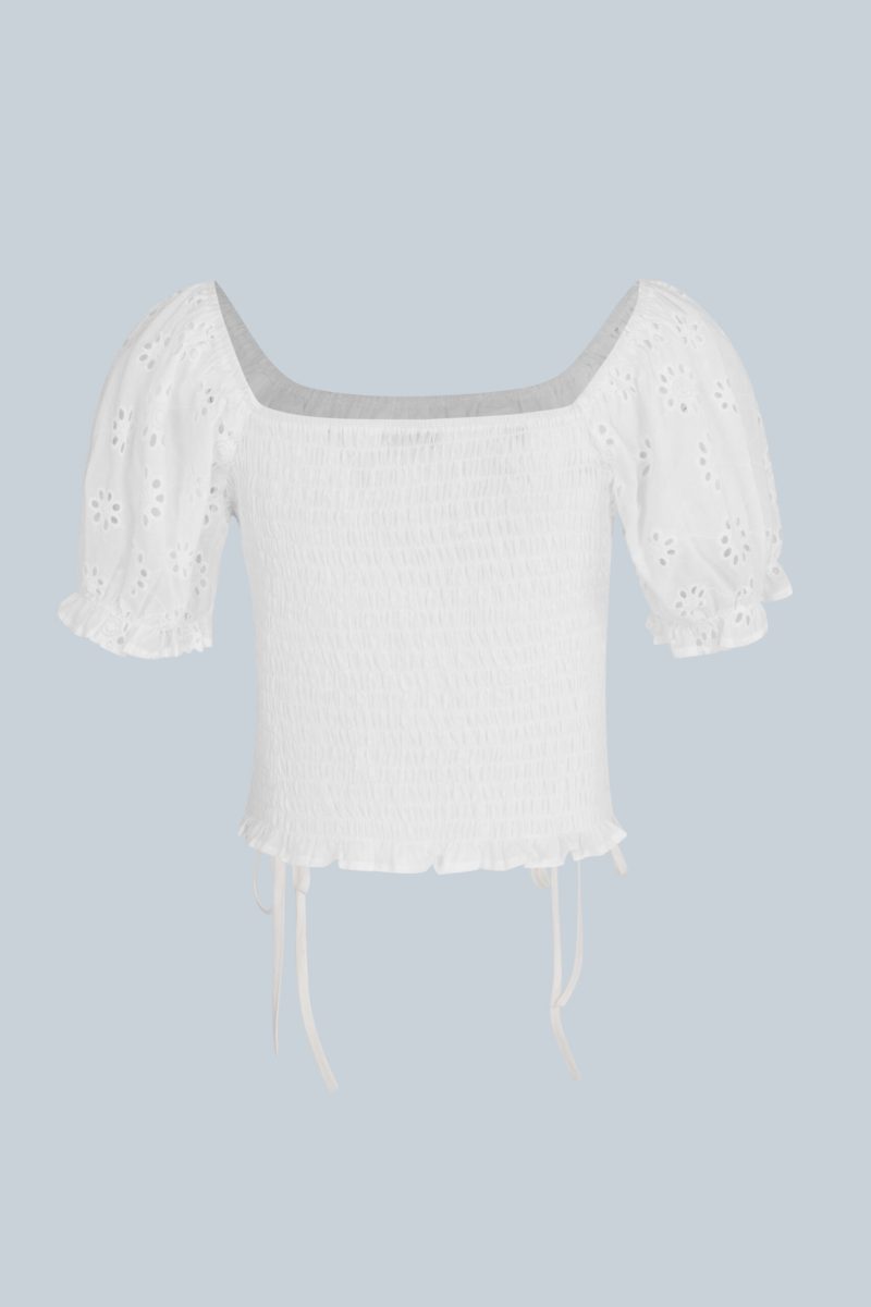 Women  Summer Square Neck Drawstring Lace Shorts Cropped Pleated Bubble Short Sleeve French Top  Blouses - Image 3