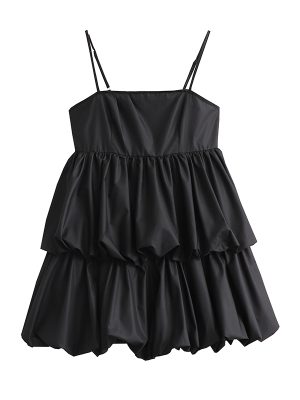 Spring Women Clothing Women Black Camisole Dress Tiered Dress