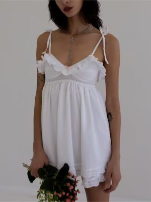 Summer Women Wear Lace Edge Steel Ring White Dress Mini Eyelet Embroidery