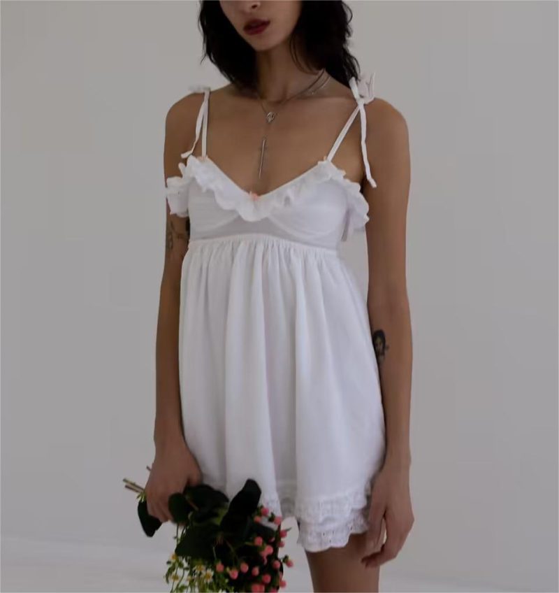 Summer Women Wear Lace Edge Steel Ring White Dress Mini Eyelet Embroidery