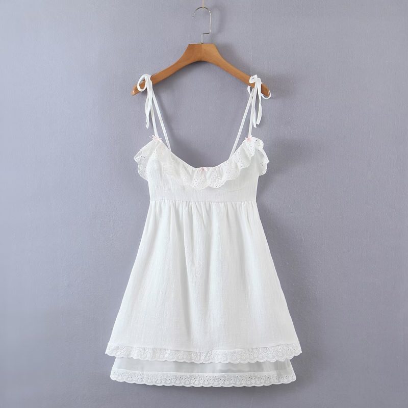 Summer Women Wear Lace Edge Steel Ring White Dress Mini Eyelet Embroidery - Image 2