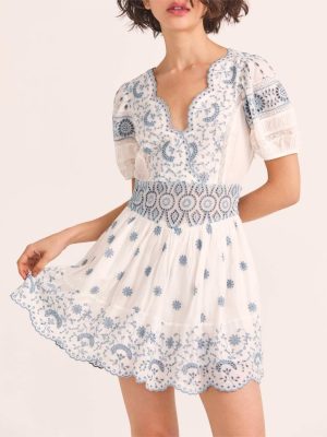 Autumn Winter Women Clothing Blue White Porcelain Machine Embroidery Multi Stitching Dress