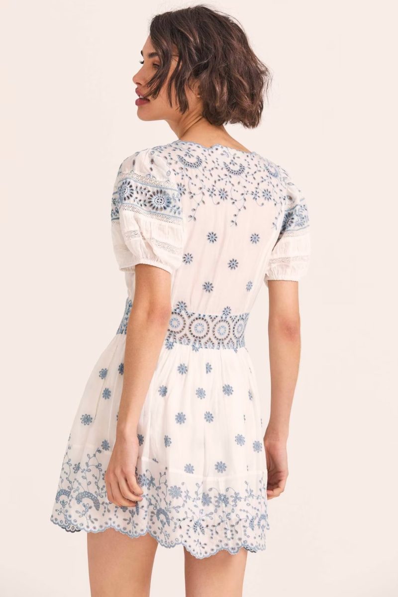 Autumn Winter Women Clothing Blue White Porcelain Machine Embroidery Multi Stitching Dress - Image 2