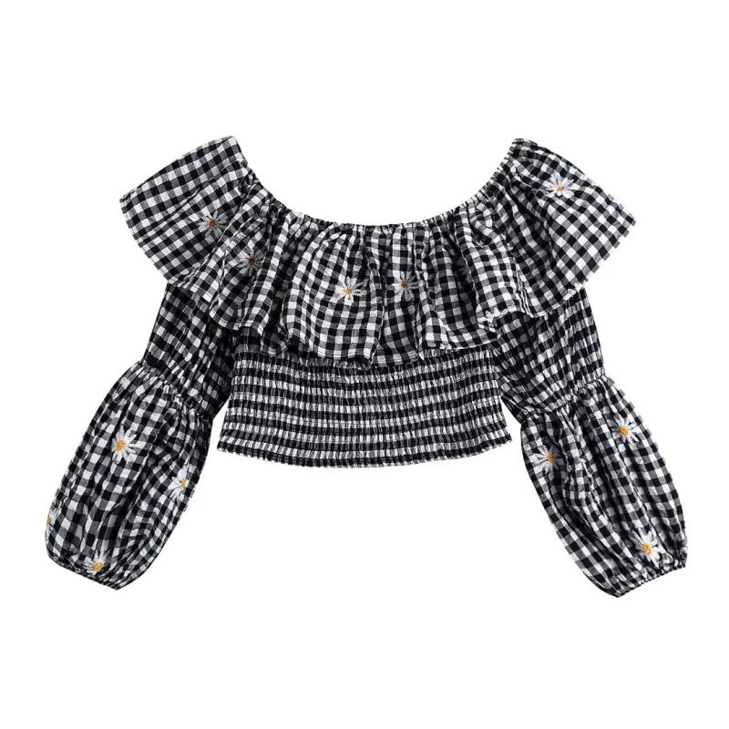 Sweet Fresh Girl Lace Shirt Plaid Embroidered Top Winter Slim Fit Contrast Colors Short Women Clothing - Image 2
