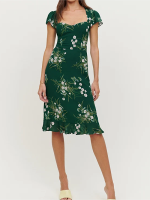 Green Elegant Printed Flying Sleeve Square Collar Buckle Backless Dress