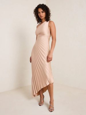 Women Clothing One Shoulder Sun Pleated Satin Dress