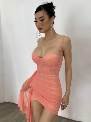 Casual Vacation Autumn Sexy Slim Fit Slimming Ribbon Pleated Slit Mesh Spaghetti Strap Dress