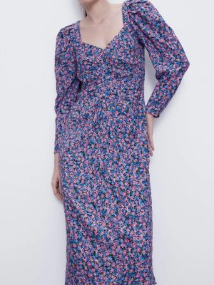 Autumn Winter Long Sleeve Collared Floral Print Dress Women  Casual Loose Maxi Dress