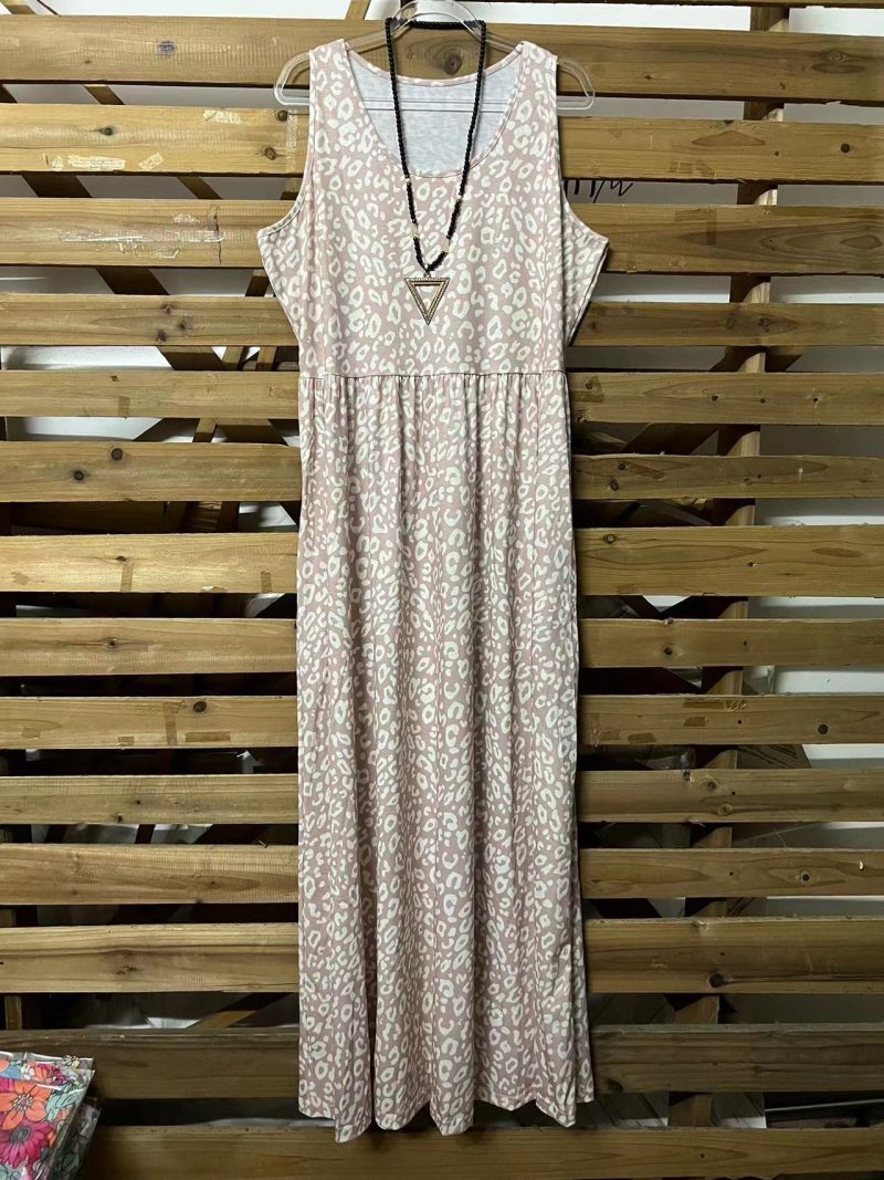 Summer Leopard Print Pocket Sleeveless Maxi Dress Women Trumpet round-Neck High Waist Slim Dress Women - Image 6
