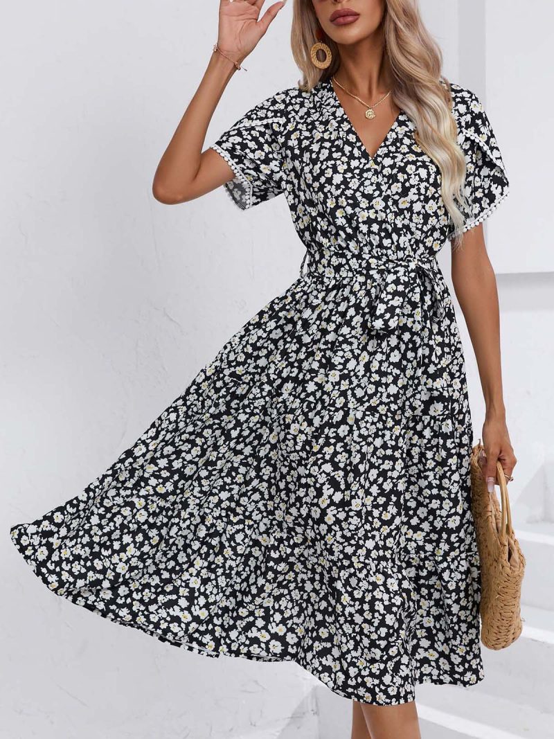Women Clothing Dress Summer Small Floral Split V neck Women Clothing - Image 2