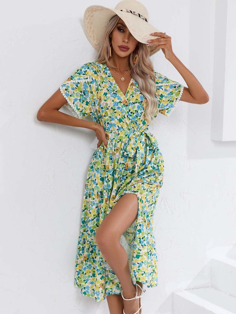 Women Clothing Dress Summer Small Floral Split V neck Women Clothing - Image 3