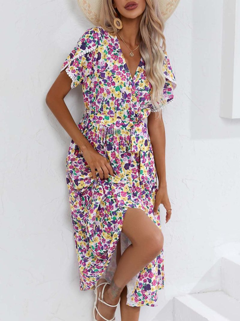 Women Clothing Dress Summer Small Floral Split V neck Women Clothing - Image 4