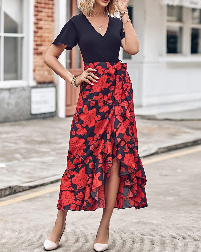 Women Clothing V neck Stitching Hem Irregular Asymmetric Slit Short Sleeve Printed Dress