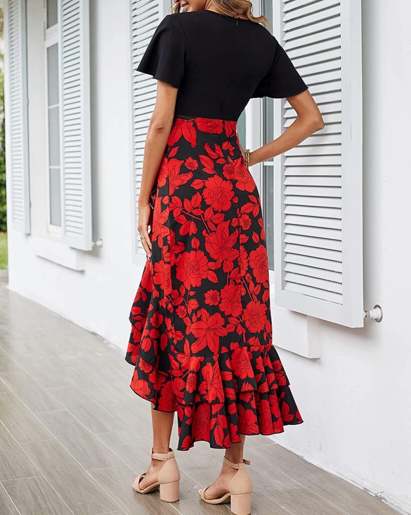 Women Clothing V neck Stitching Hem Irregular Asymmetric Slit Short Sleeve Printed Dress - Image 2