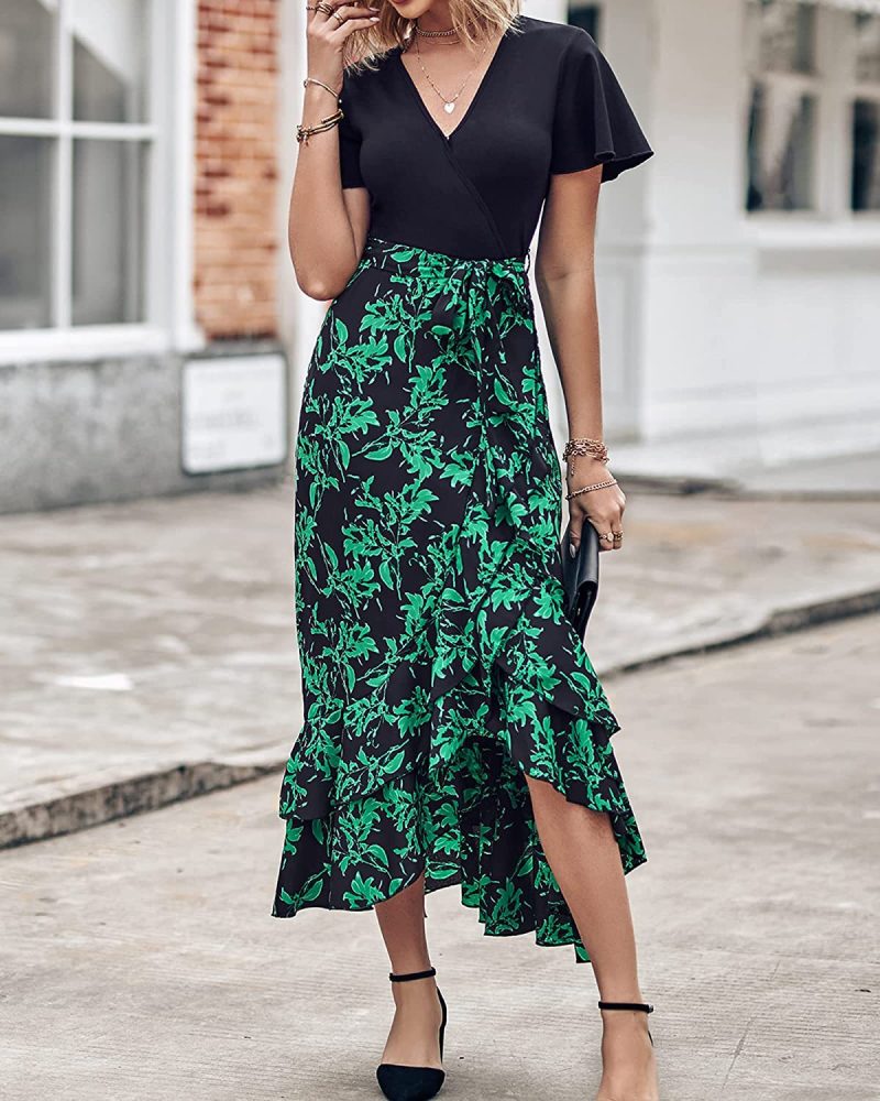 Women Clothing V neck Stitching Hem Irregular Asymmetric Slit Short Sleeve Printed Dress - Image 3