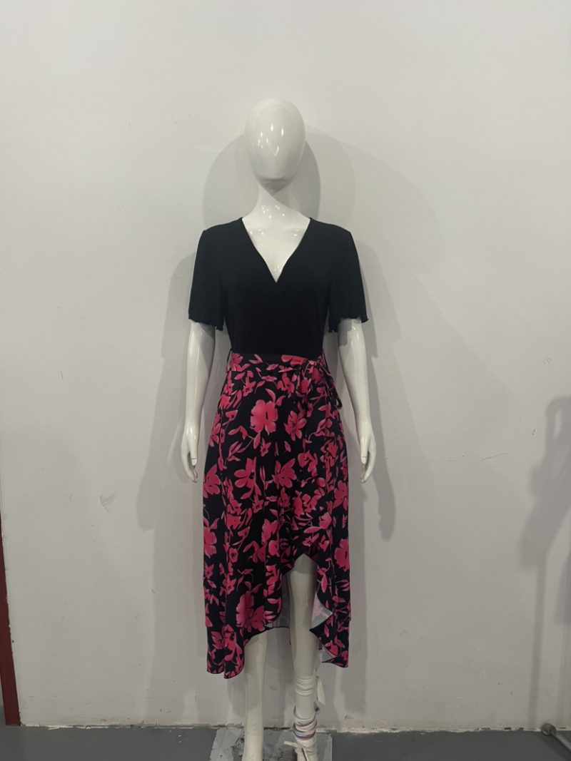 Women Clothing V neck Stitching Hem Irregular Asymmetric Slit Short Sleeve Printed Dress - Image 11
