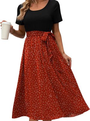 Women Clothing round Neck Stitching Tied Printed Short Sleeve Casual Dress