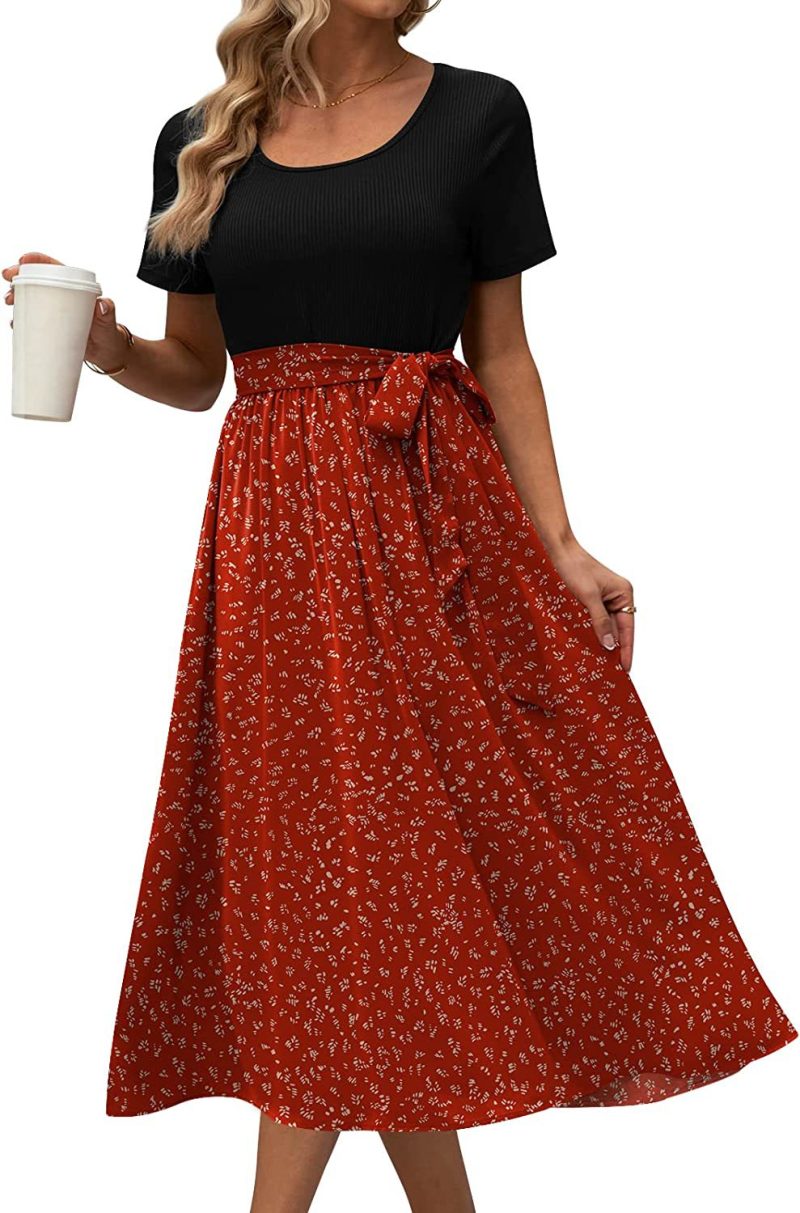 Women Clothing round Neck Stitching Tied Printed Short Sleeve Casual Dress