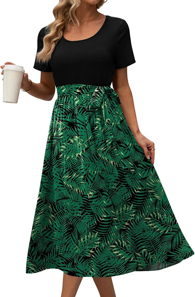 Women Clothing round Neck Stitching Tied Printed Short Sleeve Casual Dress - Image 4