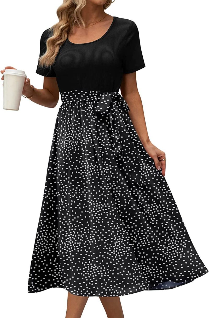 Women Clothing round Neck Stitching Tied Printed Short Sleeve Casual Dress - Image 5