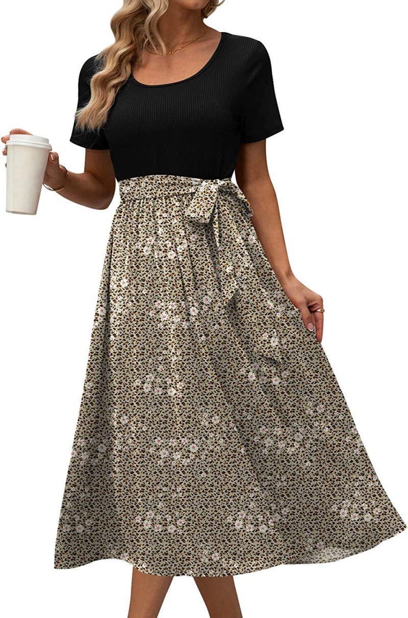 Women Clothing round Neck Stitching Tied Printed Short Sleeve Casual Dress - Image 9