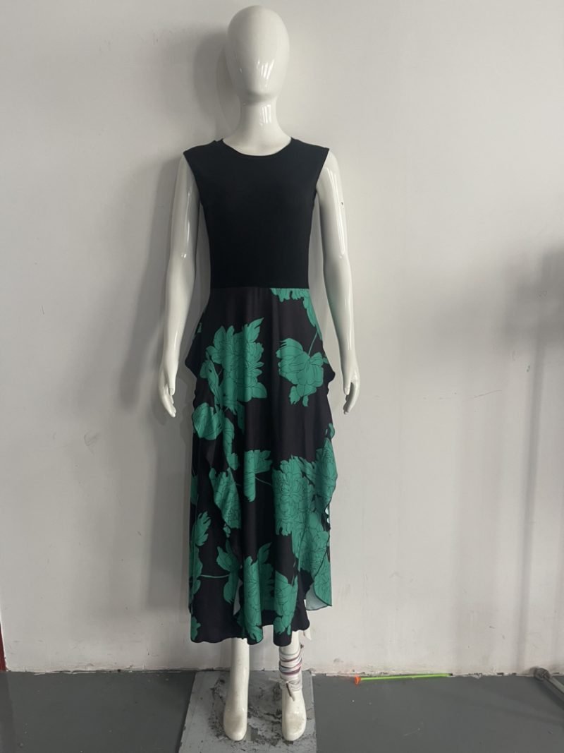 Women Clothing round Neck Stitching Tied Printed Short Sleeve Casual Dress - Image 11