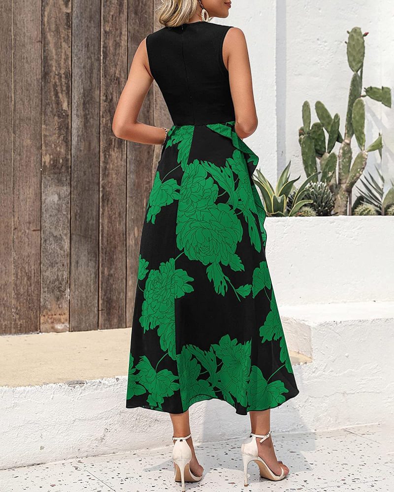 Women Clothing round Neck Stitching Slit Hemline at Hem Irregular Asymmetric Sleeveless Printed Dress - Image 9