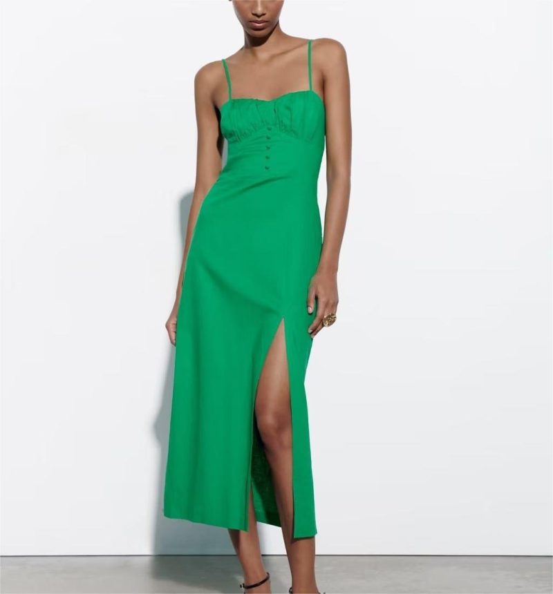 Spring Women High Waist Chest Breasted Back Cutout out Mid Length Dress