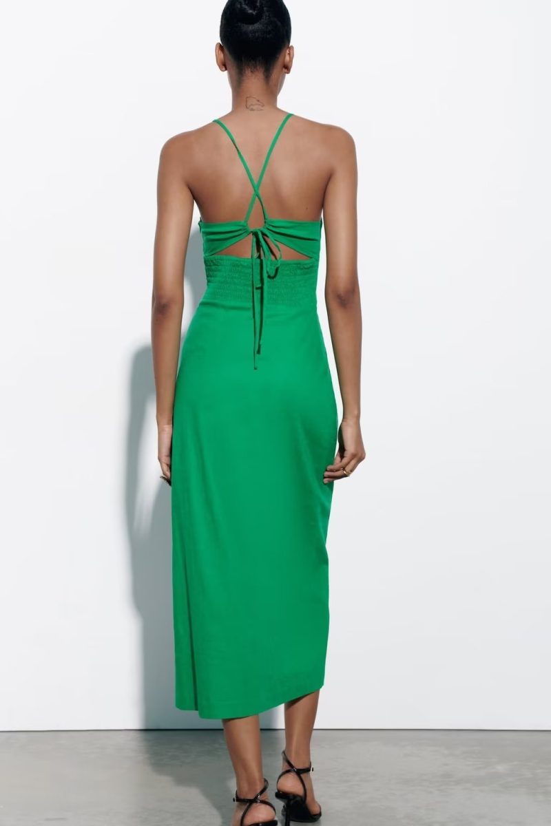 Spring Women High Waist Chest Breasted Back Cutout out Mid Length Dress - Image 3