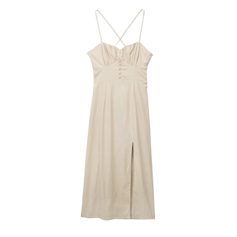 Spring Women High Waist Chest Breasted Back Cutout out Mid Length Dress - Image 5