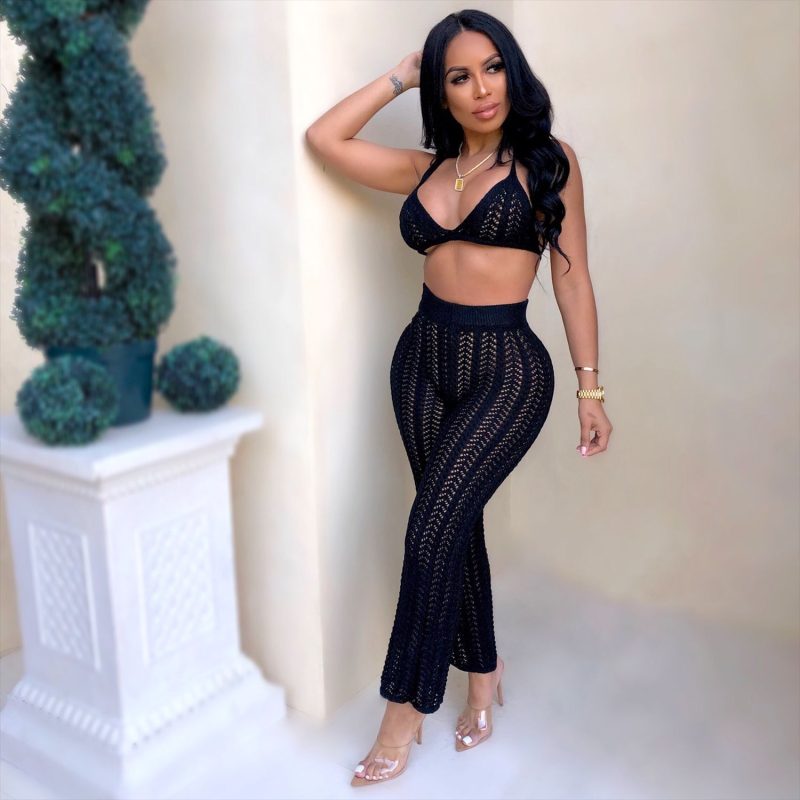 Summer Sexy Women Wear Fashionable Knitted Mesh Hollow Out Cutout Out See through Two piece Set - Image 2