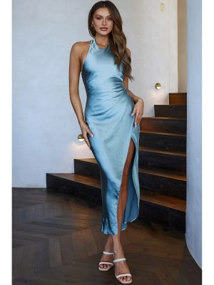 Women Clothing Plain Satin Halter Backless Slit Mid Length Dress