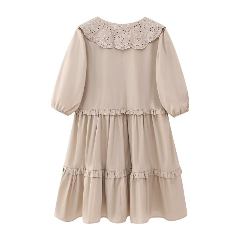Summer Women Clothing Stitching Poplin Embroidery Turn down Doll Collar Half Sleeve Solid Color Dress Women - Image 2