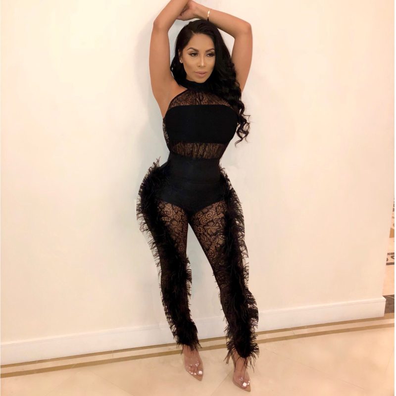 Sexy Solid Color Feather Side Jumpsuit - Image 3
