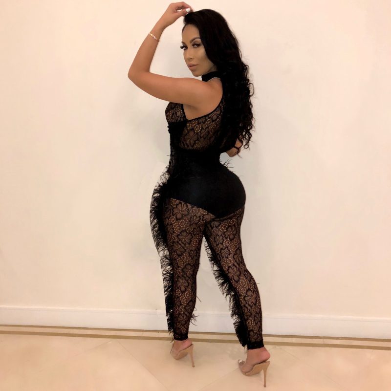 Sexy Solid Color Feather Side Jumpsuit - Image 4
