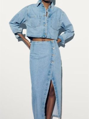 Summer Women  Short Denim Jacket Coat Mid Length Skirt Set