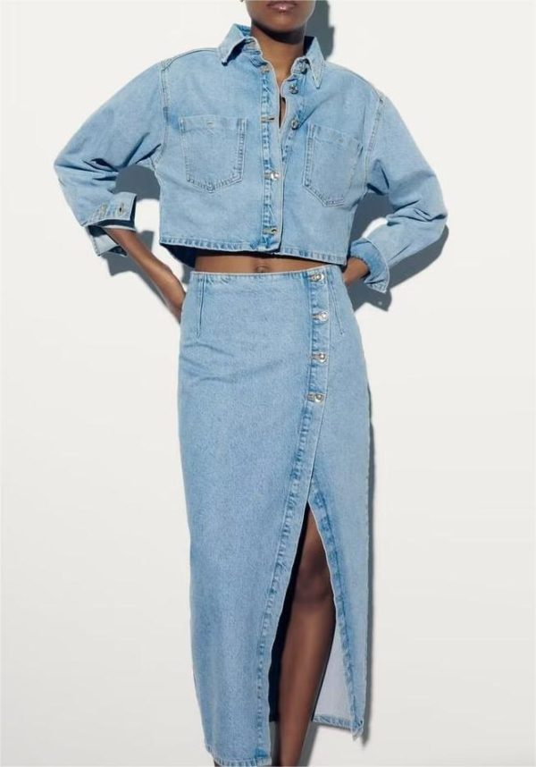 Summer Women  Short Denim Jacket Coat Mid Length Skirt Set